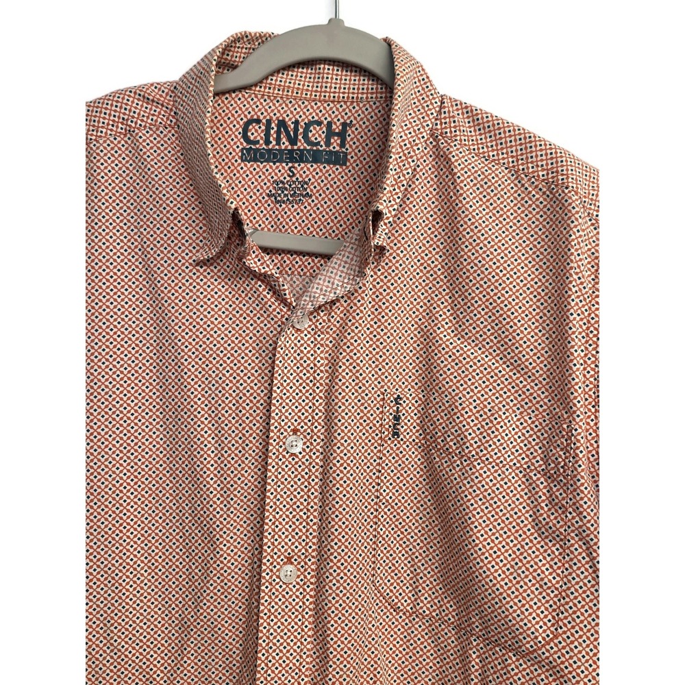 Cinch Modern Fit Mens Small Orange Navy Geometric Diamond Long Sleeve Shirt
